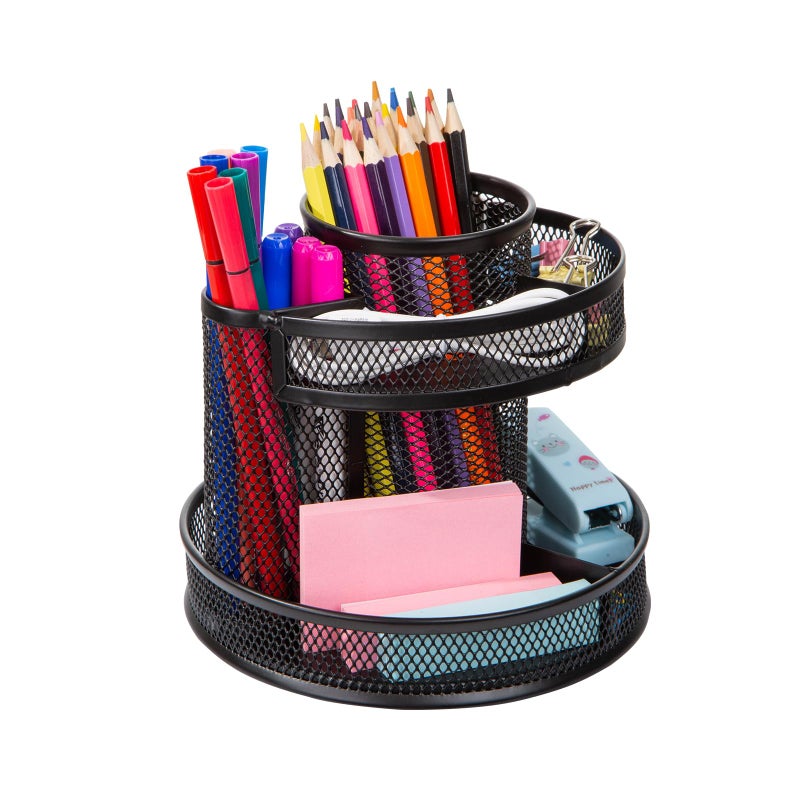 Comix 360 Rotating Pen Holder for Desk, 9 Compartments Office Desk Organizer, Black Mesh Metal Pencil Holder Cup for Office Home School - Image 3